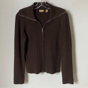 Caslon Cardigan Sweater Zippered Ribbed Brown Medium 100% Cotton